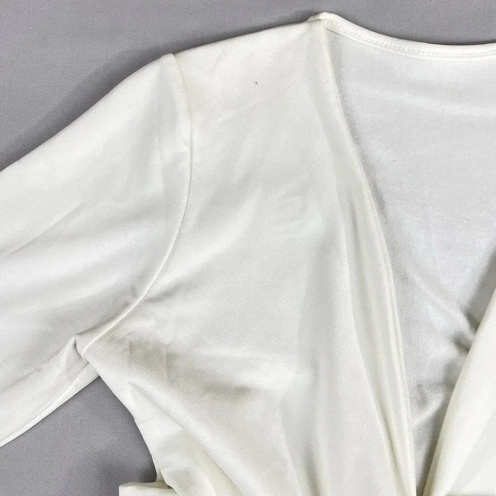 Wrap Crop Top Women’s Large Off White / Cream Ballet Core Long Sleeve Cross Body - Picture 4 of 11